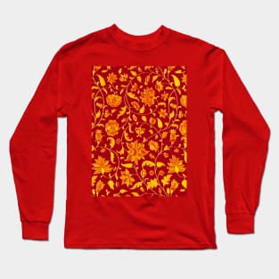 GOLD YELLOW RED POMEGRANATES ,POMEGRANATE FLOWERS, LEAVES Oriental Floral Swirls Long Sleeve T-Shirt